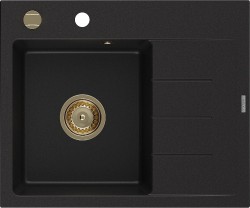 MEXEN/S - Ben granitový dřez 1 s odkapávačem levý 600 x 500 mm, černá, sifon zlatá (6522605000-77-G)