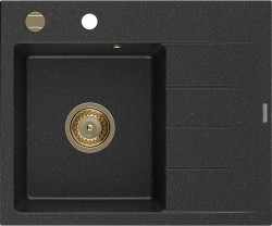 MEXEN/S - Ben granitový dřez 1 s odkapávačem levý 600 x 500 mm, černá/stříbrná metalik, sifon zlatá (6522605000-73-G)
