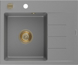 MEXEN/S - Ben granitový dřez 1 s odkapávačem levý 600 x 500 mm, šedý, sifon zlatá  (6522605000-71-G)