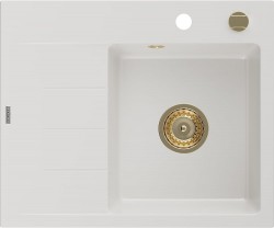 MEXEN/S - Ben granitový dřez 1 s odkapávačem pravý 600 x 500 mm, bílá, sifon zlatá (6523605000-20-G)