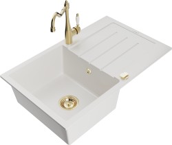 MEXEN/S - Bruno granitový dřez 1-miska s odkapávačem včetně baterie Carla, bílá (6513-20-670700-50)