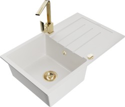 MEXEN/S - Bruno granitový dřez 1-miska s odkapávačem včetně baterie Rita, bílá (6513-20-670300-50)