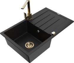 MEXEN/S - Bruno granitový dřez 1-miska s odkapávačem včetně baterie Rita, černý (6513-77-670300-50)