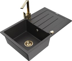 MEXEN/S - Bruno granitový dřez 1-miska s odkapávačem včetně baterie Rita, černý kropenatý (6513-76-670300-50)
