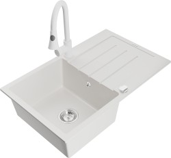 MEXEN/S - Bruno granitový dřez 1 s odkapávačem včetně baterie Elia, bílá (6513-20-670101-20)