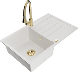 MEXEN/S - Bruno granitový dřez 1 s odkapávačem včetně baterie Elia, bílá (6513-20-670101-50)