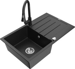 MEXEN/S - Bruno granitový dřez 1 s odkapávačem včetně baterie Elia, černá/stříbrná metalik (6513-73-670101-70)