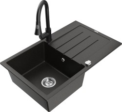 MEXEN/S - Bruno granitový dřez 1 s odkapávačem včetně baterie Elia, černá/zlatá metalik (6513-75-670101-70)