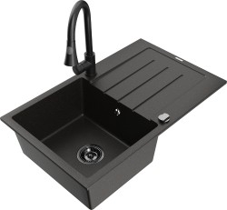 MEXEN/S - Bruno granitový dřez 1 s odkapávačem včetně baterie Elia, černá/zlatá metalik (6513-75-670101-70-B)