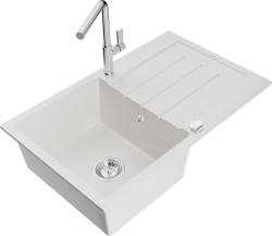 MEXEN/S - Bruno granitový dřez 1 s odkapávačem včetně baterie Flora, bílá (6513-20-670401-00)
