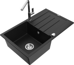 MEXEN/S - Bruno granitový dřez 1 s odkapávačem včetně baterie Flora, černá (6513-77-670401-00)