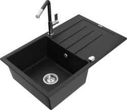 MEXEN/S - Bruno granitový dřez 1 s odkapávačem včetně baterie Flora, černá (6513-77-670401-07)