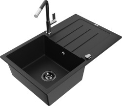 MEXEN/S - Bruno granitový dřez 1 s odkapávačem včetně baterie Flora, černá (6513-77-670401-07-B)