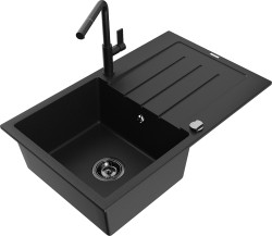 MEXEN/S - Bruno granitový dřez 1 s odkapávačem včetně baterie Flora, černá (6513-77-670401-70-B)