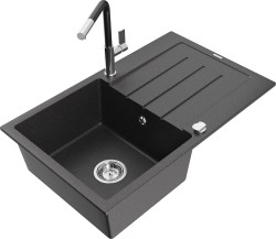 MEXEN/S - Bruno granitový dřez 1 s odkapávačem včetně baterie Flora, černá kropenatá (6513-76-670401-07)