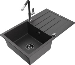 MEXEN/S - Bruno granitový dřez 1 s odkapávačem včetně baterie Flora, černá kropenatá (6513-76-670401-07-B)