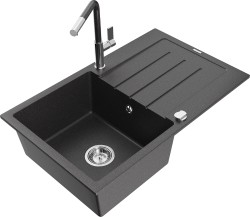 MEXEN/S - Bruno granitový dřez 1 s odkapávačem včetně baterie Flora, černá kropenatá (6513-76-670401-08)