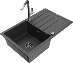 MEXEN/S - Bruno granitový dřez 1 s odkapávačem včetně baterie Flora, černá kropenatá (6513-76-670401-08-B)