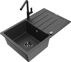 MEXEN/S - Bruno granitový dřez 1 s odkapávačem včetně baterie Flora, černá kropenatá (6513-76-670401-70-B)