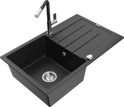 MEXEN/S - Bruno granitový dřez 1 s odkapávačem včetně baterie Flora, černá/stříbrná metalik (6513-73-670401-07)