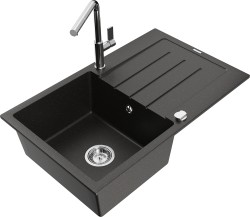 MEXEN/S - Bruno granitový dřez 1 s odkapávačem včetně baterie Flora, černá/zlatá metalik (6513-75-670401-00)