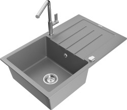 MEXEN/S - Bruno granitový dřez 1 s odkapávačem včetně baterie Flora, šedá (6513-71-670401-00)