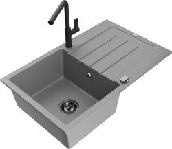 MEXEN/S - Bruno granitový dřez 1 s odkapávačem včetně baterie Flora, šedá (6513-71-670401-70-B)