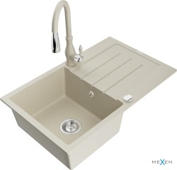 MEXEN/S - Bruno granitový dřez 1 s odkapávačem včetně baterie Savita, béžová (6513-69-672601-69)
