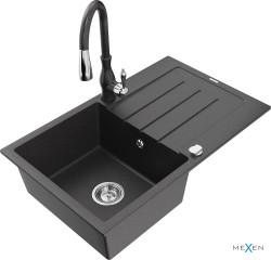 MEXEN/S - Bruno granitový dřez 1 s odkapávačem včetně baterie Savita, černá kropenatá (6513-76-672601-76)