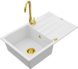 MEXEN/S - Bruno granitový dřez 1 s odkapávačem včetně baterie Telma, bílá (6513-20-670200-50)