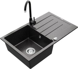 MEXEN/S - Bruno granitový dřez 1 s odkapávačem včetně baterie Telma, černá kropenatý (6513-76-670200-76)