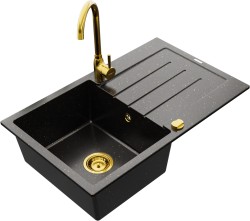 MEXEN/S - Bruno granitový dřez 1 s odkapávačem včetně baterie Telma, černá/zlatý (6513-75-670200-50)