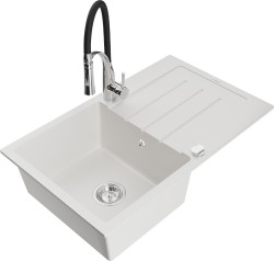 MEXEN/S - Bruno granitový dřez s odkapávačem včetně baterie Aster, bílá (6513-20-73450-07)