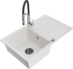 MEXEN/S - Bruno granitový dřez s odkapávačem včetně baterie Aster, bílá (6513-20-73450-07-B)