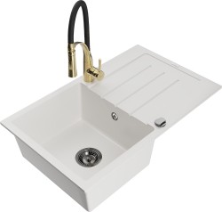 MEXEN/S - Bruno granitový dřez s odkapávačem včetně baterie Aster, bílá (6513-20-73450-57-B)