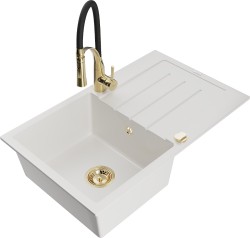 MEXEN/S - Bruno granitový dřez s odkapávačem včetně baterie Aster, bílá (6513-20-73450-57-G)