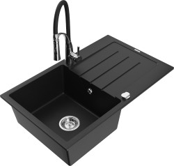 MEXEN/S - Bruno granitový dřez s odkapávačem včetně baterie Aster, černá (6513-77-73450-07)