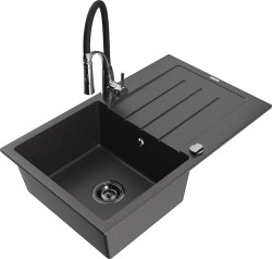 MEXEN/S - Bruno granitový dřez s odkapávačem včetně baterie Aster, černá kropenatá (6513-76-73450-07-B)