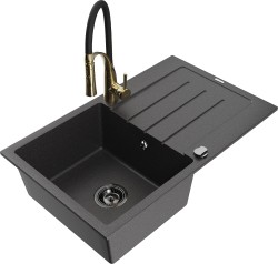MEXEN/S - Bruno granitový dřez s odkapávačem včetně baterie Aster, černá kropenatá (6513-76-73450-57-B)