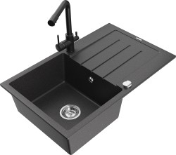 MEXEN/S - Bruno granitový dřez s odkapávačem včetně baterie Duero, černá kropenatá (6513-76-671600-70)