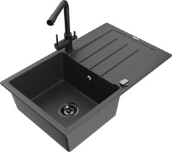 MEXEN/S - Bruno granitový dřez s odkapávačem včetně baterie Duero, černá kropenatá (6513-76-671600-70-B)