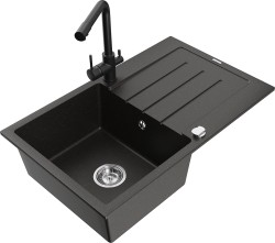 MEXEN/S - Bruno granitový dřez s odkapávačem včetně baterie Duero, černá/zlatá metalik (6513-75-671600-70)