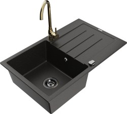 MEXEN/S - Bruno granitový dřez s odkapávačem včetně baterie Telma, černá/zlatá (6513-75-670200-50-B)