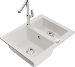 MEXEN/S - Carlos granitový dřez 1.5 včetně baterie Flora, bílá (6518-20-670401-00)