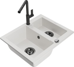 MEXEN/S - Carlos granitový dřez 1.5 včetně baterie Flora, bílá (6518-20-670401-70-B)
