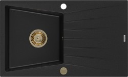 MEXEN/S - Cesar granitový dřez 1-miska s odkapávačem 775 x 470 mm, černý, zlatý sifon (6514771010-77-G)