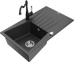 MEXEN/S - Cesar granitový dřez 1-miska s odkapávačem včetně baterie Carla, černá kropenatá (6514-76-670700-70)