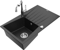MEXEN/S - Cesar granitový dřez 1-miska s odkapávačem včetně baterie Carla, černá/stříbrná metalik (6514-73-670700-00)