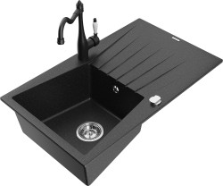 MEXEN/S - Cesar granitový dřez 1-miska s odkapávačem včetně baterie Carla, černá/stříbrná metalik (6514-73-670700-70)