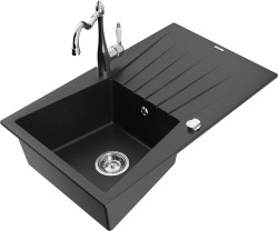 MEXEN/S - Cesar granitový dřez 1-miska s odkapávačem včetně baterie Carla, černá/zlatá metalik (6514-75-670700-00)